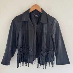 Worth Black Leather Jacket with Beaded Tassels